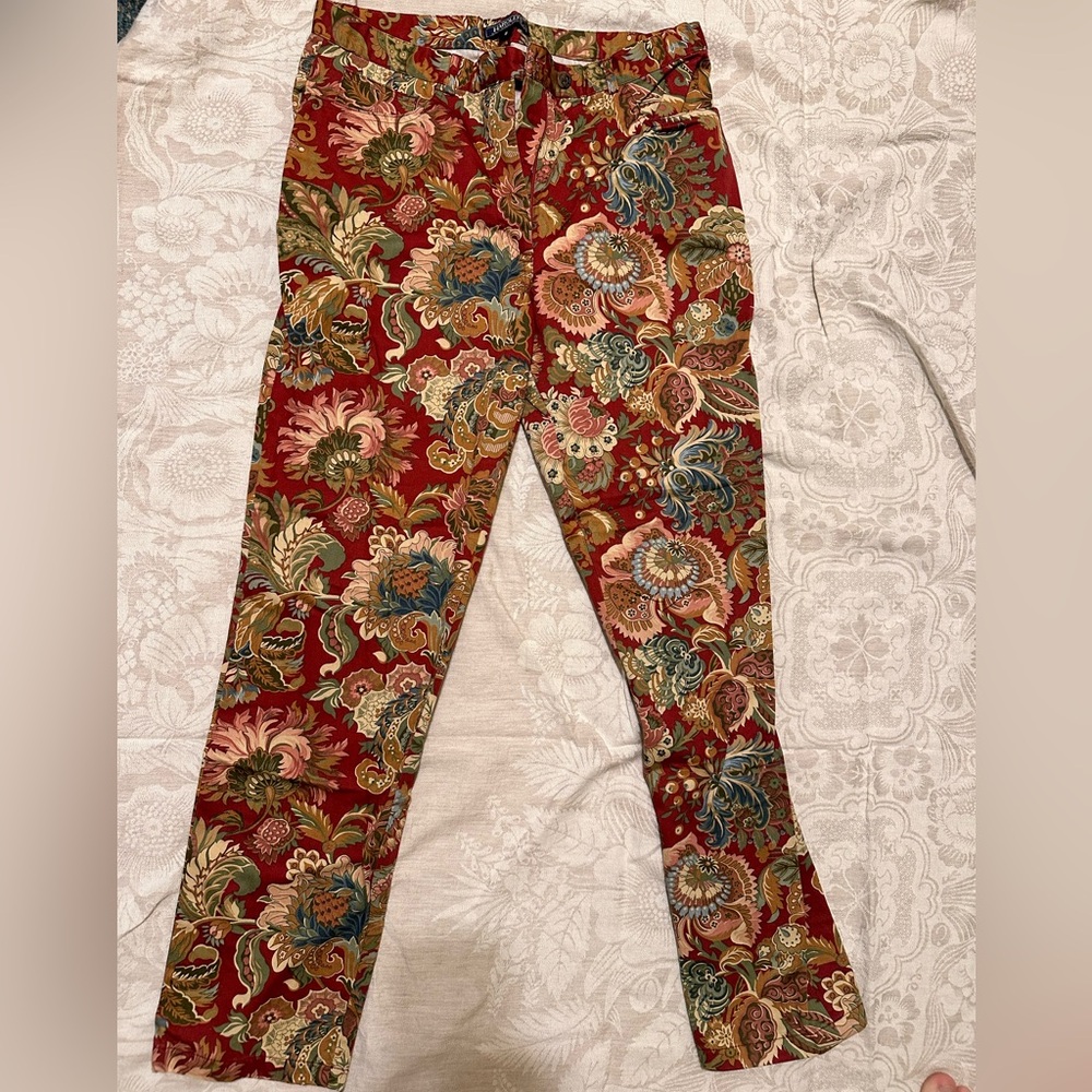 Red floral paisley pants